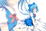  :o bare_legs blue_bow blue_dress blue_eyes blue_hair blush bow bowtie cirno commentary_request dress hair_bow ice ice_wings looking_at_viewer nose_blush on_bed puffy_short_sleeves puffy_sleeves red_bow short_hair short_sleeves sitting solo takamichis211 touhou wariza wings 