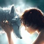  2016 abstract_background ambiguous_gender animated black_nose canine duo equum_amici eyes_closed female feral fur grey_fur human mammal wolf yuumei_(artist) 
