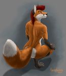  2015 anthro black_fur black_nose breasts butt canine claws crouching digitigrade female fox fur green_eyes hair hand_on_knee mammal nude orange_fur rear_view red_hair richard_foley simple_background solo toe_claws whiskers white_fur wide_hips 