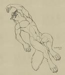  2015 4_toes 5_fingers abs animal_genitalia anthro balls canine claws digitigrade eyes_closed fangs lying male mammal monochrome muscular muscular_male navel on_back open_mouth pecs richard_foley sheath sleeping solo teeth toe_claws toes wolf 
