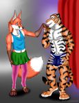  2016 anthro biceps brown_fur canine chest_tuft claws clothed clothing disney facial_hair feline fox fur girly hair jack_fox male mammal miniskirt muscular nipples open_shorts pecs rahir shorts skirt smile stripes stripper_tiger_(zootopia) tiger tuft underwear zootopia 
