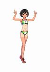  black_eyes black_hair commentary_request fujisawa_takashi highres looking_at_viewer midriff navel original partial_commentary shoes short_hair smile sneakers solo sports_bikini tan tanline v 