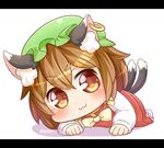  :3 animal_ears bad_id bad_pixiv_id brown_hair cat_ears cat_tail chen ibarashiro_natou_(style) inunoko. multiple_tails orange_eyes parody solo style_parody tail touhou v-shaped_eyebrows zun_hat 