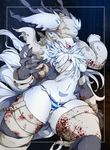  1girl bandage blindfold blood blood_stain bloodborne breasts canine chest_tuft claws cleavage clothing fangs female furry horn mammal panties slugbox solo striped_panties thick_thighs tuft underwear vicar_amelia 