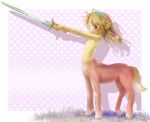  1boy blonde_hair blue_eyes blush_stickers centaur character_request child holding holding_sword holding_weapon male_focus medium_hair navel pointy_ears smile sword the_chronicles_of_narnia tsukushi_akihito weapon 