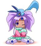  1girl artist_request blush chibi dark_skin dress long_hair meredy one_eye_closed open_mouth pantyhose purple_eyes purple_hair quickie shoes tales_of_(series) tales_of_eternia twintails 