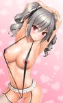  areola_slip areolae armpits arms_up blush breasts covered_nipples drill_hair garter_belt grey_legwear hair_ribbon heart highres idolmaster idolmaster_cinderella_girls kanzaki_ranko lambda_(kusowarota) large_breasts looking_at_viewer pink_background ribbon simple_background slingshot_swimsuit smile solo sweat swimsuit thighhighs twin_drills twintails 
