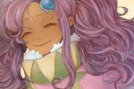  1girl dark_skin dress eyes_closed long_hair meredy purple_hair smile tales_of_(series) tales_of_eternia twintails yellow_background 