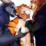  2016 anthro black_fur black_nose blush bovine brown_fur buffalo chief_bogo claws clothed clothing disney eye_contact feline fur group half-closed_eyes hand_on_chest kissing leodore_lionheart lion looking_down male male/male mammal mane muscular muscular_male nipple_play nipples orange_fur pecs saliva stripes stripper_tiger_(zootopia) tiger tongue tongue_out topless whiskers white_fur zootopia 虫下 