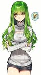  breasts c.c. code_geass creayus earrings food green_hair jewelry long_hair looking_at_viewer medium_breasts meme_attire miniskirt open-chest_sweater pizza skirt slice_of_pizza solo spoken_food sweater thinking yellow_eyes 