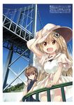  :d blue_sky bridge day dress hair_ornament hairpin hand_on_headwear hat highres looking_at_viewer multiple_girls nanaroku_(fortress76) open_mouth original railing scenery short_sleeves sky smile sun_hat white_dress 