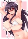  1girl :&gt; antenna_hair armpits arms_up bare_arms bare_shoulders bikini bikini_top blush breasts erect_nipples eyebrows eyebrows_visible_through_hair fuyube_rion highres huge_breasts long_hair looking_at_viewer mahou_sensei_negima! micro_bikini navel purple_hair red_eyes saotome_haruna simple_background smile solo standing upper_body white_bikini wink 