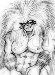  2016 abs anthro biceps demon feline fur hair laugh looking_at_viewer male mammal monochrome muscular nipples nude pecs simple_background sitting sketch solo teeth tiger tora 