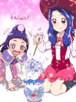  commentary_request cube_elephant doubutsu_sentai_zyuohger fish fishbowl goldfish hat izayoi_liko liz_(mahou_girls_precure!) long_hair magic_school_uniform mahou_girls_precure! multiple_girls precure purple_eyes purple_hair siblings sisters tj-type1 witch_hat younger 
