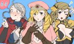  1boy 2girls ahoge between_breasts black_gloves blonde_hair blue_background blue_eyes blush braid breasts brown_gloves capelet cleavage_cutout crazy_eyes drill_hair echigoya_takeru elbow_gloves eponine_(fire_emblem_if) eyebrows_visible_through_hair fire_emblem fire_emblem_if foleo_(fire_emblem_if) fujoshi gloves grey_eyes hairband hand_on_another&#039;s_shoulder hat highres leather leather_gloves leotard licking_lips long_hair looking_at_viewer mars_symbol medium_breasts multiple_girls nintendo open_mouth ophelia_(fire_emblem_if) pink_hat pointing pose ribbed_sweater short_hair_with_long_locks silver_hair simple_background star strap_cleavage sweat sweater tongue tongue_out trap turtleneck twin_braids upper_body 