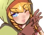  1girl bangs blonde_hair blue_eyes braid brown_gloves elf female gloves head_tilt heart heart-shaped_pupils hood linkle lips long_hair looking_at_viewer moehikikomori nintendo one_eye_closed parted_lips penetration_gesture pointy_ears shiny shiny_hair simple_background solo symbol-shaped_pupils the_legend_of_zelda twin_braids upper_body white_background wink zelda_musou 