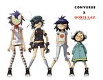  a-ka age_comparison age_progression antennae basketball belt black_hair blue_hair bullet_hole buttons child converse cyborg_noodle_(gorillaz) dress dual_persona gloves gorillaz grin hair_over_eyes hat japanese_flag mask multiple_girls navel noodle_(gorillaz) oil pants purple_hair shared_clothes shirt shoes short_hair short_shorts shorts sleeveless sleeveless_shirt smile smoke sneakers socks teenage teeth thighhighs time_paradox younger 