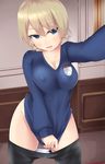  absurdres bad_id bad_pixiv_id black_legwear blonde_hair blue_eyes blue_sweater breasts cleavage commentary_request covered_nipples darjeeling girls_und_panzer hair_bun highres large_breasts long_sleeves nksk panties panty_pull pantyhose pantyhose_pull reaching_out self_shot shirt solo st._gloriana's_school_uniform sweater taut_clothes taut_shirt underwear white_panties 