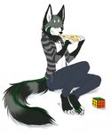  2014 anthro canine clothed clothing dawst eating eyes_closed food fox furbearer hoodie male mammal open_shirt pizza rubik&#039;s_cube simple_background sitting smile solo white_background 