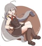  ahoge belt bow bowtie cosplay grey_eyes grey_hair hair_between_eyes kantai_collection kasumi_(kantai_collection) kasumi_(kantai_collection)_(cosplay) kiyoshimo_(kantai_collection) kneehighs loafers long_hair looking_at_viewer low_twintails mary_janes open_mouth remodel_(kantai_collection) riz_(ravel_dc) school_uniform shoes twintails twitter_username 