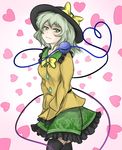  black_hat blush bow bowtie buttons cowboy_shot eyeball floral_print frilled_shirt_collar frills green_eyes green_hair hat hat_bow hat_ribbon heart heart_of_string jacket jpeg_artifacts komeiji_koishi long_sleeves looking_at_viewer looking_to_the_side open_mouth pan-ooh ribbon short_hair skirt smile solo string thighhighs third_eye touhou yellow_bow yellow_jacket yellow_neckwear zettai_ryouiki 