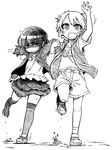  arm_up bandaid bandaid_on_face bandaid_on_knee breath greyscale highres hizato_akari holding_hands inuyama_kuroe jacket looking_at_viewer monochrome multiple_girls open_clothes open_jacket open_mouth original running shorts sketch skirt smile sweatdrop vest waving yoshida_hideyuki younger 