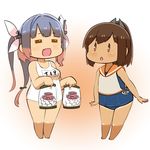  2girls =_= bag blue_hair brown_eyes brown_hair capriccyo chibi fang food highres i-19_(kantai_collection) i-401_(kantai_collection) kantai_collection long_hair marshmallow multiple_girls name_tag one-piece_swimsuit ponytail school_swimsuit swimsuit swimsuit_under_clothes white_school_swimsuit white_swimsuit 