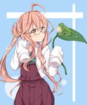  ahoge blouse blush double_bun dress frog glasses jiino kantai_collection lily_pad long_hair long_sleeves makigumo_(kantai_collection) pink_hair school_uniform sleeveless sleeveless_dress sleeves_past_fingers sleeves_past_wrists solo twintails white_blouse yellow_eyes 