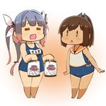  2girls =_= bag blue_hair brown_eyes brown_hair capriccyo chibi fang food highres i-19_(kantai_collection) i-401_(kantai_collection) kantai_collection long_hair marshmallow multiple_girls ponytail standing swimsuit 