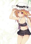  bikini bikini_skirt black_bikini blonde_hair breasts cleavage collarbone hat highres looking_at_viewer medium_breasts midriff nanaroku_(fortress76) open_clothes open_vest original simple_background solo standing sun_hat swimsuit vest white_background white_hat 