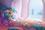  2016 absurd_res anthro anus bed clothing curtains equine female feral friendship_is_magic hi_res hooves horn lying mammal my_little_pony princess_celestia_(mlp) purple_eyes pussy pussy_juice stoic5 window winged_unicorn wings 