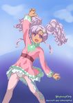  1girl blue_eyes breasts dark_skin dress frills long_hair meredy open_mouth pantyhose purple_hair tales_of_(series) tales_of_eternia twintails 