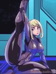  blonde_hair blue_eyes bodysuit breasts caffeccino covered_nipples exercise large_breasts leg_up metroid samus_aran skin_tight solo stretch zero_suit 