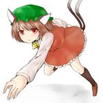  animal_ears bow brown_hair cat_ears cat_tail chen dress earrings full_body hat highres jewelry long_sleeves looking_at_viewer mob_cap multiple_tails nekomata netamaru red_dress red_eyes short_hair simple_background solo tail touhou 