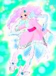  1girl aqua_background blue_eyes blush dark_skin dress frills long_hair meredy open_mouth pantyhose pink_hair quickie shoes tales_of_(series) tales_of_eternia twintails 