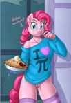  2016 alternate_hairstyle anthro anthrofied blue_eyes bottomless brian_mcpherson clothed clothing cutie_mark dialogue earth_pony eating english_text equine eyelashes female food friendship_is_magic hair holding_object horse legwear looking_at_viewer mammal my_little_pony pie pink_hair pinkie_pie_(mlp) pony pussy solo striped_legwear stripes sweater text thigh_highs 