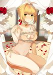  absurdres ahoge bangs bare_shoulders bed bed_sheet bell blonde_hair blurry blurry_background blush bra breasts cat_cutout cat_lingerie cleavage cleavage_cutout collarbone eules eyebrows eyebrows_visible_through_hair fate/extra fate_(series) flower frilled_bra frills green_eyes hair_intakes hair_ribbon highres jingle_bell md5_mismatch medium_breasts meme_attire navel nero_claudius_(fate) nero_claudius_(fate)_(all) on_bed panties petals red_flower red_ribbon red_rose ribbon rose rose_petals seiza short_hair side-tie_panties sitting solo stomach tareme underwear underwear_only white_bra white_panties 