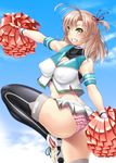  alternate_costume ass ayato black_legwear blonde_hair breasts cheerleader cleavage covered_nipples frilled_panties frills green_eyes grin highres huge_breasts kantai_collection kinugasa_(kantai_collection) looking_at_viewer midriff panties pink_panties pom_poms remodel_(kantai_collection) short_hair smile solo teeth thighhighs twisted_torso underwear 