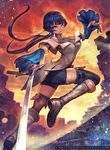  athena_(fire_emblem) bangs black_hair boots fire_emblem fire_emblem:_monshou_no_nazo fire_emblem_cipher knee_boots lack long_hair official_art open_mouth sky solo sword thighhighs weapon yellow_eyes zettai_ryouiki 