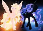  2016 abstract_background airbusthebest angry animated blonde_hair blue_eyes blue_feathers blue_fur blue_hair cutie_mark duo equine equum_amici feathered_wings feathers female feral fire friendship_is_magic fur hair horn looking_at_viewer mammal my_little_pony princess_celestia_(mlp) princess_luna_(mlp) purple_eyes silfoe spread_wings white_feathers white_fur winged_unicorn wings 