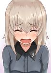  :d ^_^ absurdres blush closed_eyes crying facing_viewer girls_und_panzer highres itsumi_erika kuromorimine_school_uniform long_hair okitsugu open_mouth runny_nose silver_hair smile snot solo 