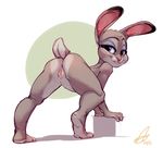  2016 anus butt disney female judy_hopps lagomorph looking_at_viewer looking_back mammal presenting purple_eyes pussy rabbit solo xepxyu zootopia 