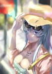  adjusting_clothes adjusting_hat akame_ga_kill! bag blue_hair bracelet breasts casual cleavage esdeath eyewear_on_head handbag hat jewelry large_breasts long_hair looking_at_viewer magic_(iceland) necklace purple_eyes ring_necklace smile solo straw_hat sunglasses tattoo 