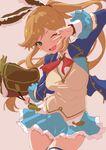  :d ;d alternate_costume bag breasts brown_hair clarisse_(granblue_fantasy) clearite frilled_skirt frills granblue_fantasy green_eyes hair_ribbon long_hair long_sleeves looking_at_viewer medium_breasts one_eye_closed open_mouth ponytail ribbon school_uniform skirt smile solo sweater_vest 