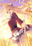  1girl blonde_hair breasts cloud cloudy_sky crop_top dress floating_hair high_collar long_hair looking_at_viewer medium_breasts outdoors outstretched_arm red_dress red_eyes riichu skirt sky solo sunset thighhighs white_skirt white_thighhighs zettai_ryouiki 
