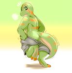  anthro barefoot blush butt clothed clothing digitigrade gecko hadou lizard looking_back pants rear_view reptile satsui-n0-had0u scalie sighing signature standing sweat topless 