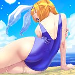  arm_support ass bare_shoulders blue_sky blush cloud day from_behind hair_ornament hair_ribbon hairclip hand_on_own_arm highres horizon kagamine_rin leaning_to_the_side looking_back number ocean one-piece_swimsuit ribbon sand school_swimsuit short_hair skin_tight sky solo soon swimsuit tattoo thighs vocaloid water water_drop wedgie wet white_ribbon 