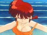  1girl animated animated_gif bangs bouncing_breasts breasts cleavage genderswap happy large_breasts long_hair looking_at_viewer lowres no_bra outdoors ranma-chan ranma_1/2 red_hair saotome_ranma single_braid smile water 
