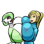  big_breasts blonde_hair blue_eyes breasts crossover duo female gardevoir hair huge_breasts human hyper hyper_breasts mammal metroid nintendo oniontrain pok&eacute;mon ponytail red_eyes samus_aran video_games 