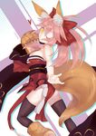  animal_ears bell bell_collar black_legwear breasts collar endlessfalling fate/grand_order fate_(series) fox_ears fox_tail hair_ribbon japanese_clothes large_breasts long_hair looking_at_viewer one_eye_closed pink_hair ribbon solo tail tamamo_(fate)_(all) tamamo_cat_(fate) thighhighs yellow_eyes 
